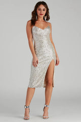Stunning In Sequins Midi Slit Dress
