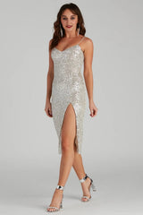 Stunning In Sequins Midi Slit Dress