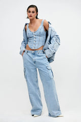 Leilani Corset Denim Top - Mid Blue