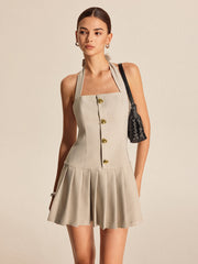 Metal Tie-Neck Zipper Pleated Short Dress
