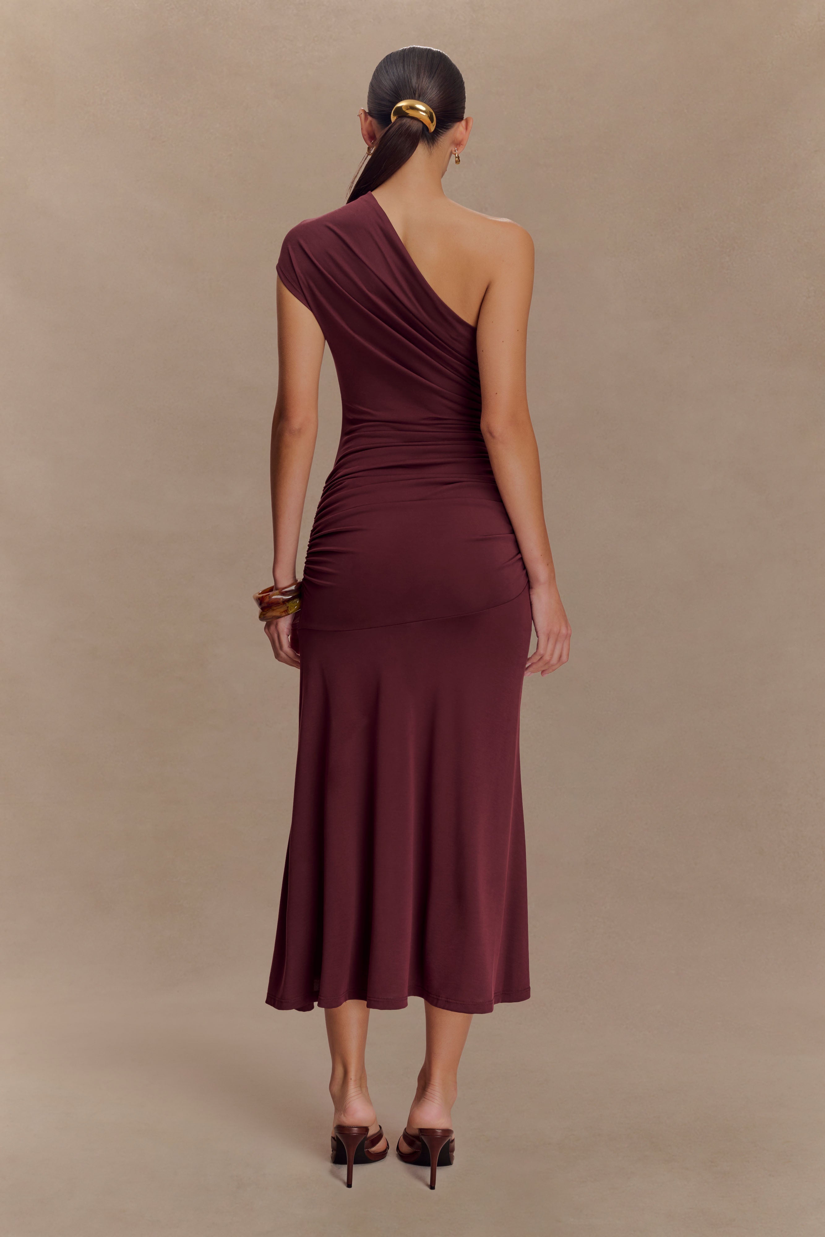 Chloe Peached Jersey One Shoulder Midi Dress - Mahogany